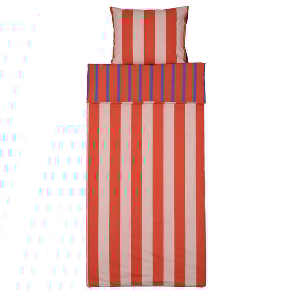 BARNDRÖM Duvet cover and pillowcase, pink red/stripe pattern, 140x200/60x70 cm