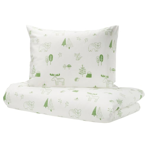 BARNDRÖM Duvet cover and pillowcase, white green/forest, 140x200/60x70 cm