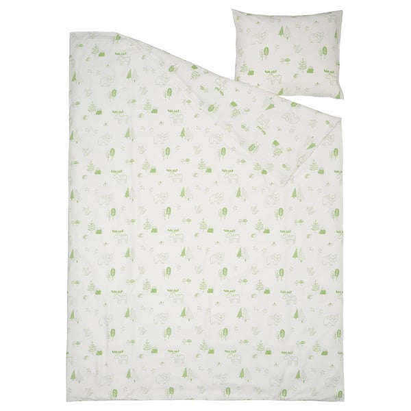 BARNDRÖM Duvet cover and pillowcase, white green/forest, 140x200/60x70 cm