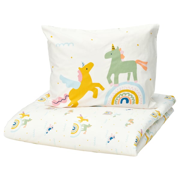 BARNDRÖM bedding set, unicorn design, white with pastels, 100% cotton, includes pillowcase and folded sheet.