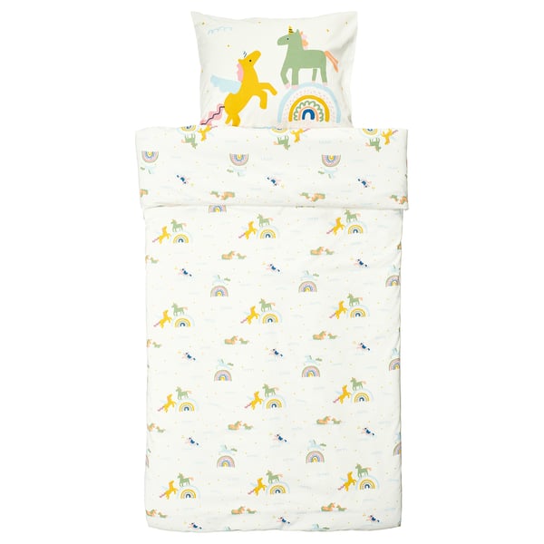 Pastel unicorn & rainbow kids bedding set, 100% cotton, includes duvet & pillowcase.