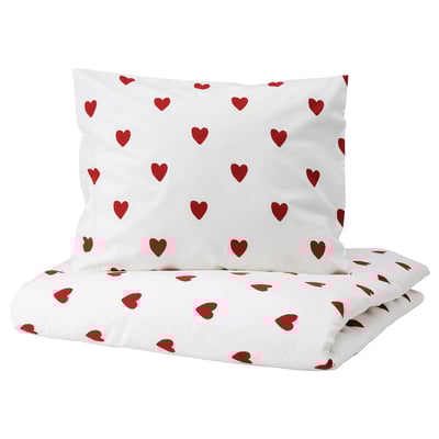 BARNDRÖM Duvet cover and pillowcase, white red/heart pattern flannel, 140x200/60x70 cm