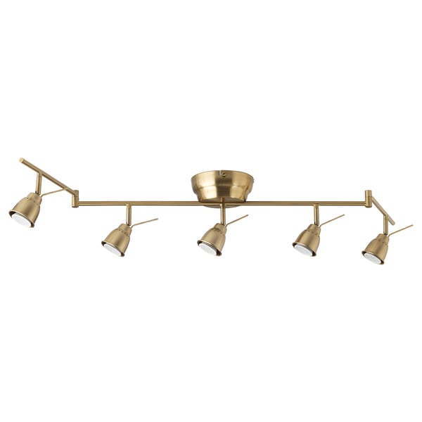 A brass ceiling light named BAROMETER with five adjustable spotlights and a central hub design.
