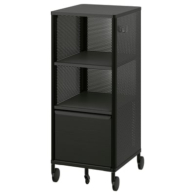Black BEKANT storage cart with shelves, drawer, wheels, and modern design.