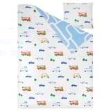 Kids duvet set with colorful vehicle designs on white. Soft cotton; includes duvet cover and pillowcase.