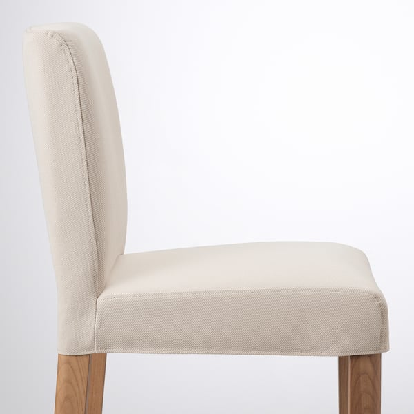 Chair with beige upholstered seat and back, wooden legs, high-quality fabric, comfortable and sturdy.