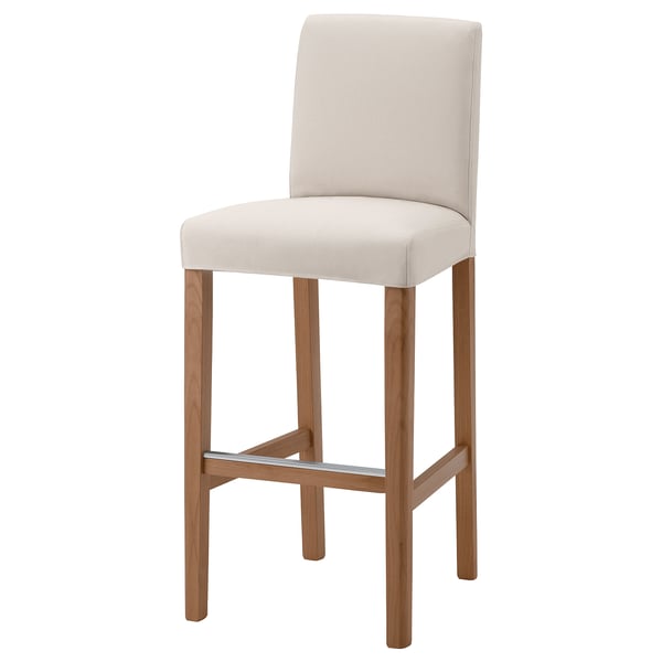 BERGMUND bar stool, beige, wooden legs, cushioned seat and back.