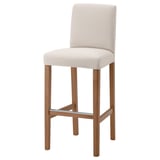 BERGMUND bar stool, beige, wooden legs, cushioned seat and back.