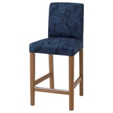 Blue paisley-printed bar stool. Wooden legs, metal frame. Square seat, curved back. Comfortable.