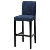 A blue paisley-patterned BERGMUND bar stool with a black frame and high back, made from polyester and cotton.