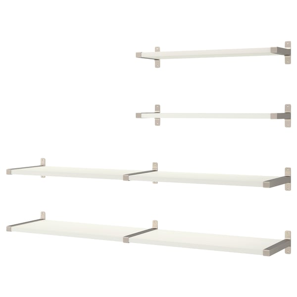 Four white wall shelves with metallic brackets in a clean, minimalist design, ideal for custom storage.