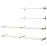 Four white wall shelves with metallic brackets in a clean, minimalist design, ideal for custom storage.