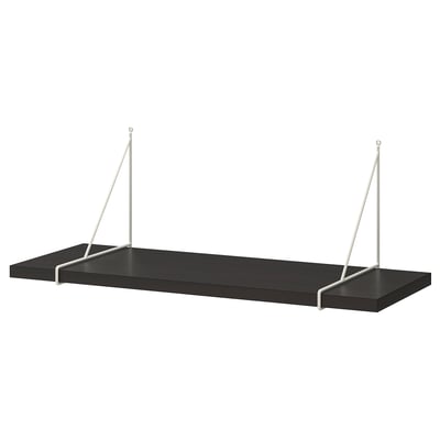 Black rectangular wall shelf with two white triangular metal brackets. Modern minimalist design. Mount above or below.