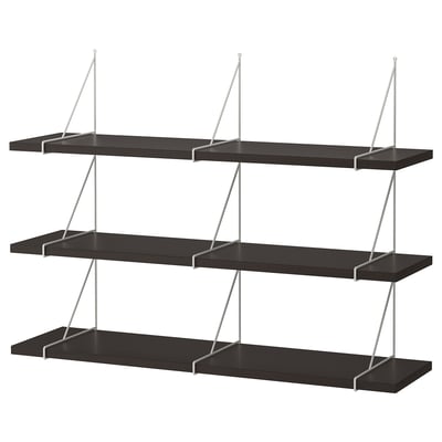An empty black wall shelf named BERGSHULT with three tiers and white metal brackets, providing a modern minimalist design.