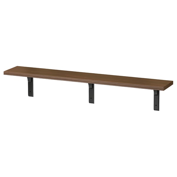 Ikea BERGSHULT wall shelf, brown, wood & metal, rectangular with angled edge.