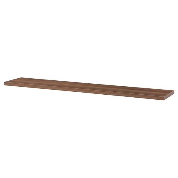Walnut-patterned BERGSHULT wall shelf with smooth edges, made from particleboard for versatile storage.