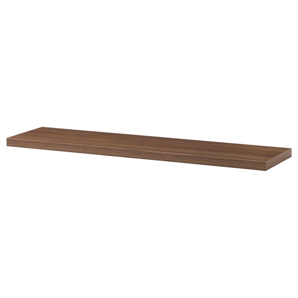 Walnut-colored BERGSHULT flat wall shelf, rectangular, smooth & bevelled edges.