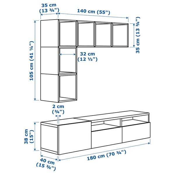 Illustration with measurements for the product: BESTÅ.