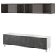 Option: A modern BESTÅ tv unit in white and black marble. It a low cabinet with drawers and an open shelf unit above.
