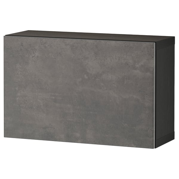 Depicts a gray rectangular storage cabinet named BESTÅ with a concrete effect texture.
