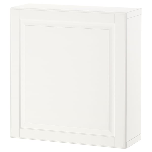 White BESTÅ storage unit, rectangular, minimalist design, wooden structure with soft-close hinge.