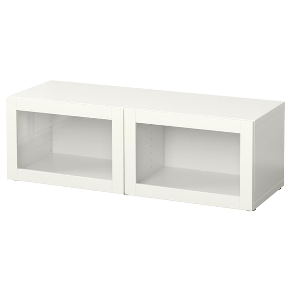 A white BESTÅ storage unit with glass doors. It a rectangular shape and sleek design.