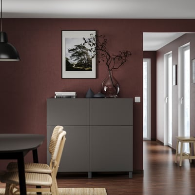 Dark gray BESTÅ storage unit, rectangular, four-door cabinet.