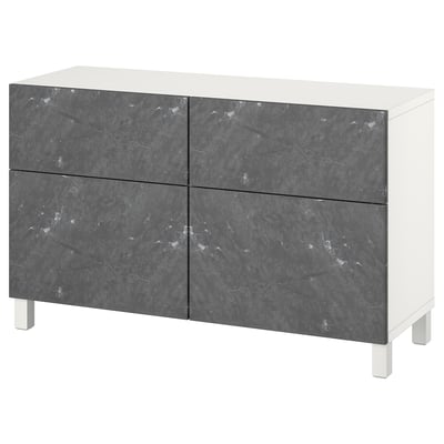 BESTÅ sideboard in white and grey marble. Four doors with adjustable shelves.