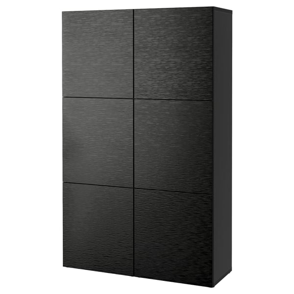 Black BESTÅ storage unit, rectangular with six doors, modern minimalist design, made from particleboard and plastic.