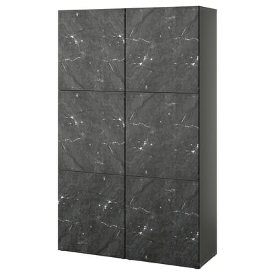 A modern, sleek black BESTÅ cabinet with six dark marble-textured doors, vertically aligned.