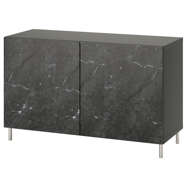 Modern black marble-like cabinet with two doors, sleek metal legs, stylish and functional.