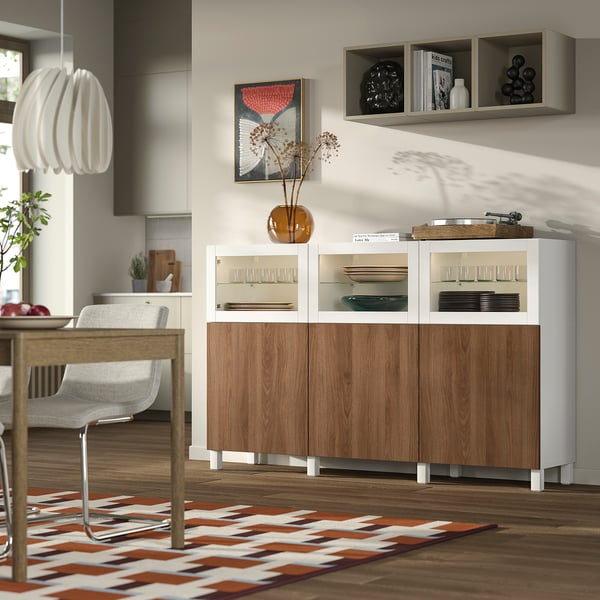 BESTÅ Storage combination with doors, white Lappviken/Sindvik walnut effect, 180x42x112 cm