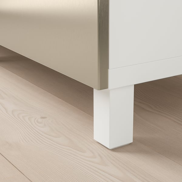 Modern white cabinet with minimalist design, adjustable shelf, and wood flooring.