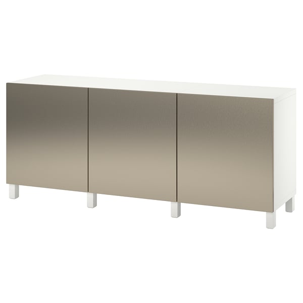 Modern white cabinet with gradient metal doors and adjustable shelves.