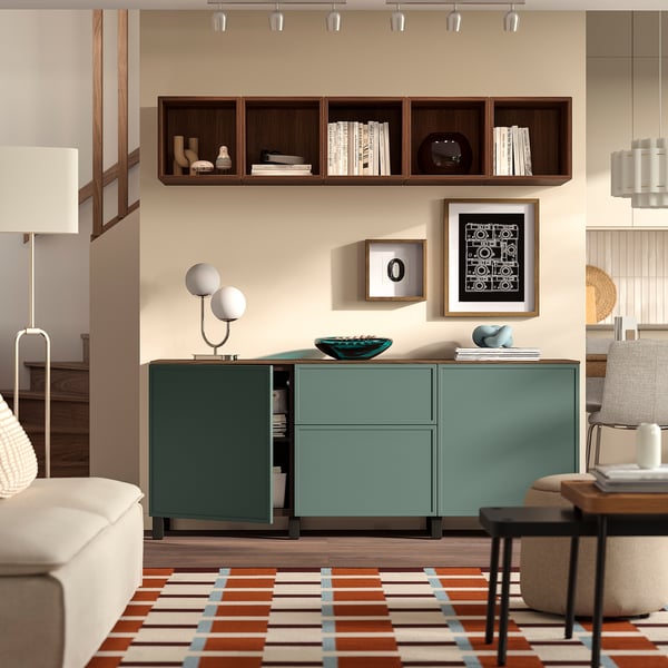 BESTÅ Storage combination with drawers, black-brown Krukmakare/dark grey-green walnut effect, 180x42x75 cm