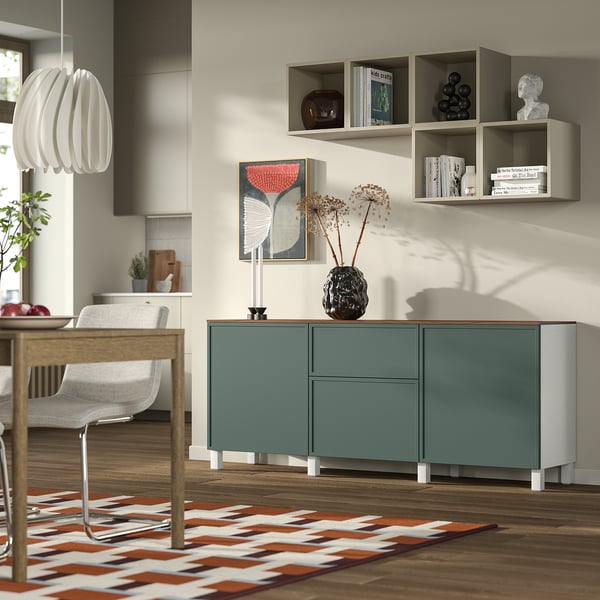 BESTÅ Storage combination with drawers, white/Krukmakare dark grey-green, 180x42x75 cm