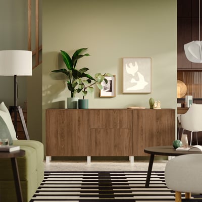 BESTÅ Storage combination with drawers, white/Lappviken/Stubbarp walnut effect, 180x42x75 cm