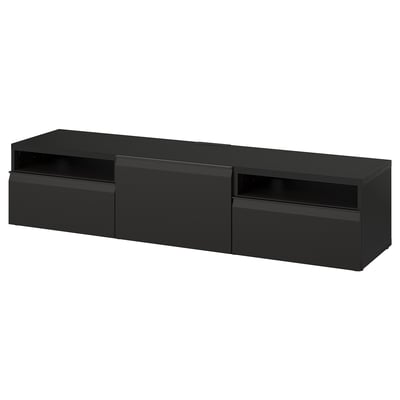 Black rectangular BESTÅ tv bench with three compartments and two drawers, sleek and modern design.