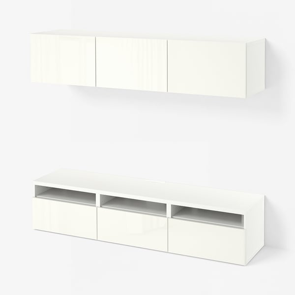 BESTÅ TV bench, white/Selsviken high-gloss/white, 180x42x185 cm