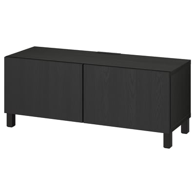 Black BESTÅ tv unit, rectangular with two doors, wooden grain texture, four legs, sleek and modern design.