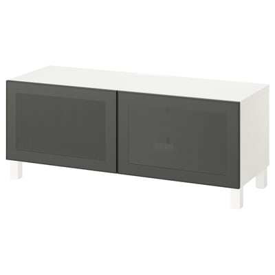A white and gray BESTÅ tv bench with two mesh doors and adjustable shelves for storage and cable management.