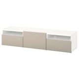 White BESTÅ tv bench with beige drawers. Has cable outlets, adjustable drawers with push-opener, square shape, minimalist design.