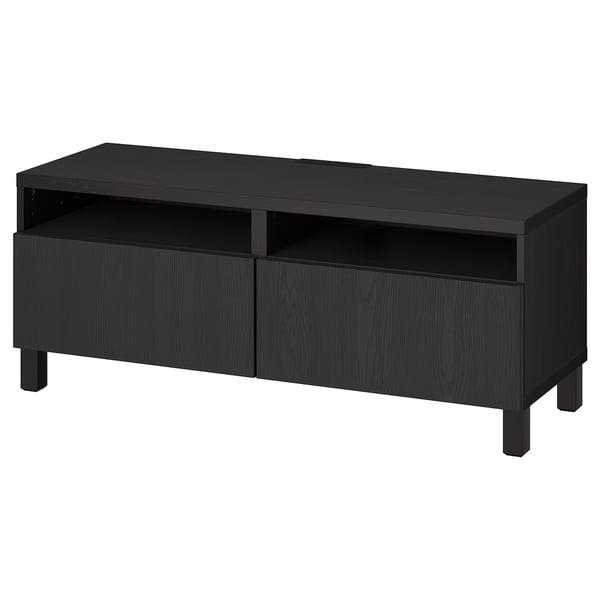 Black BESTÅ tv stand with shelves & drawers, sleek design.
