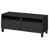 Black BESTÅ tv stand with shelves & drawers, sleek design.