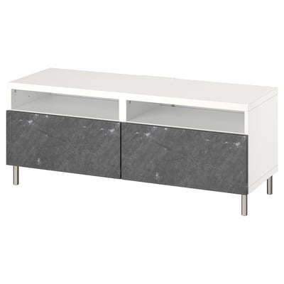 Modern white tv stand with grey marble effect drawers, metal legs. Minimalist, stylish design.