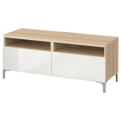 Modern white and light wood tv stand with 2 drawers, open shelf, and metallic legs for cable management.