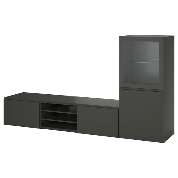 Modern black BESTÅ tv unit with shelves, drawers, and glass display.
