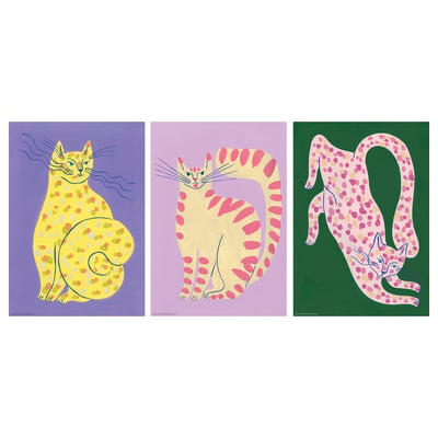 Three colourful cat art prints: yellow with spots, pink stripes, pink hearts; vibrant, abstract.