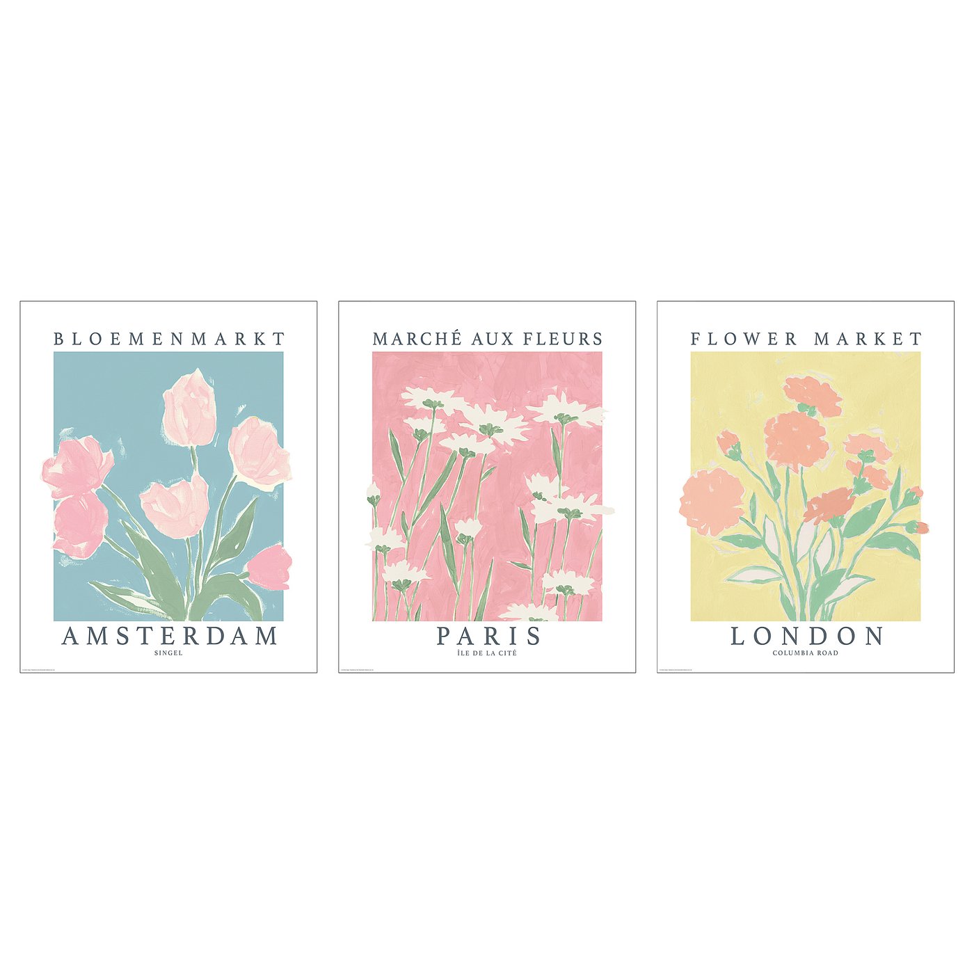 Three posters: amsterdam, paris, london with floral illustrations.