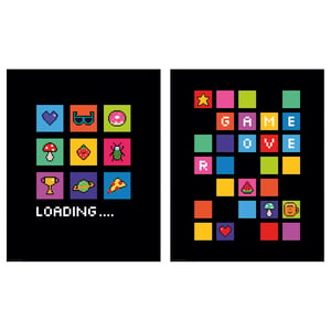 Retro pixel art prints with game themes, colourful blocks, and playful designs on black backgrounds.